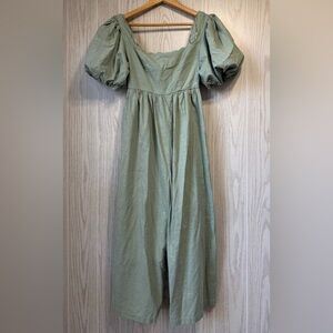 Mable Anthropologie Sage Green Puff Sleeve Smocked Jumpsuit Size S EUC